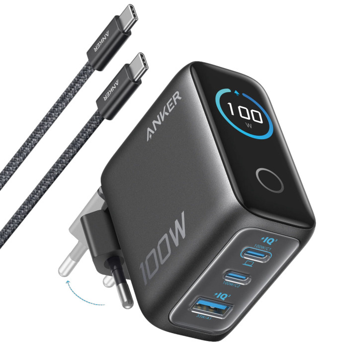 Мережевий зарядний пристрій Anker GaN Charger 100W, 2xUSB-C, 1xUSB-A, Display Dark Gray (B121BGZ1) + кабель USB Type-C