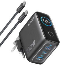 Мережевий зарядний пристрій Anker GaN Charger 100W, 2xUSB-C, 1xUSB-A, Display Dark Gray (B121BGZ1) + кабель USB Type-C